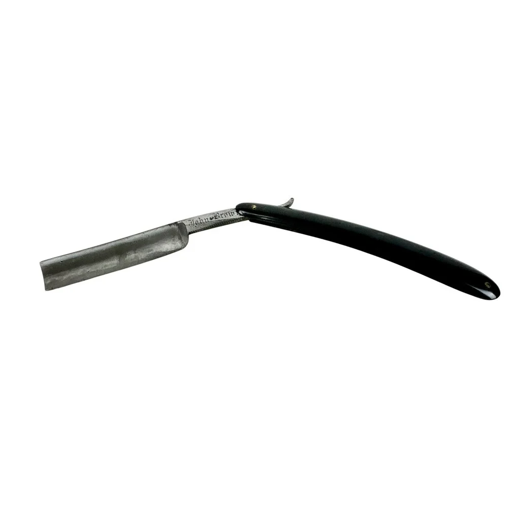 Vintage John Brown Straight Razor Black Handle Carbon Steel Blade with Case
